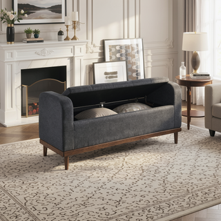 Sunvega Solid Wood Walnut Finish Tufted Dark Gray Upholstered Storage Bench with Lift Top