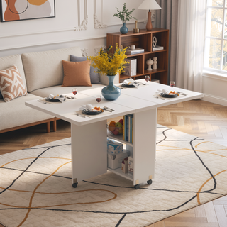Sunvega White Folding Drop Leaf Dining Table Set with 4 Chairs and Storage