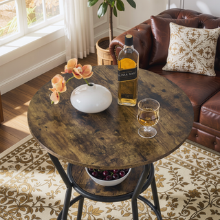 Sunvega Rustic Brown Bar Table and Stool Set with Shelf and Upholstered Backrest