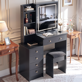 Sunvega 37 Inch Left Bedside Vanity Table with Cushioned Stool and Sliding Mirror