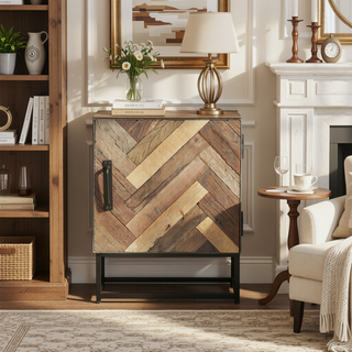 Sunvega Handcrafted Recycled Wood Boho Nightstand with Iron Frame and Storage