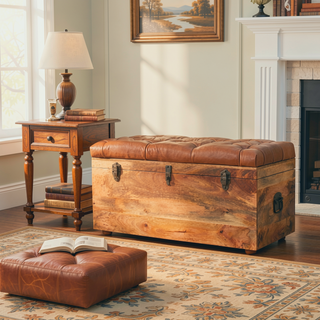 Sunvega Buffalo Hide Leather Upholstered Solid Mango Wood Storage Trunk