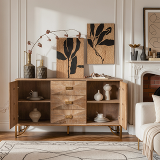 Sunvega Light Wood 6-Drawer Dresser with Geometric Relief and Gold Metal Legs