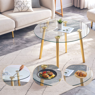 Sunvega Modern Round Dining Table with Silver Metal Legs and Clear Glass Top