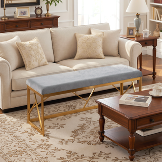 Sunvega Folia Gold Metal Frame with Grey Velvet Upholstery Bench for Entryway