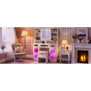 Sunvega Makeup Vanity with Sliding Mirror, LED Lights, Storage Stool, and Charging Station