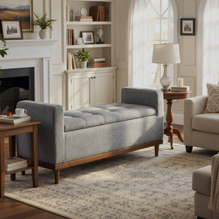 Sunvega Solid Wood Walnut Finish Tufted Dark Gray Upholstered Storage Bench with Lift Top