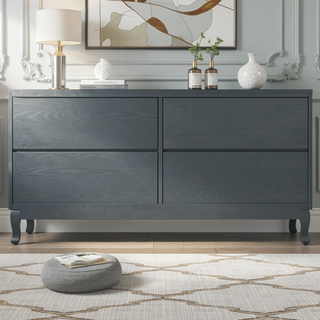 Sunvega Retro 4-Door Sideboard with Rattan and Glass Doors for Large Storage Space