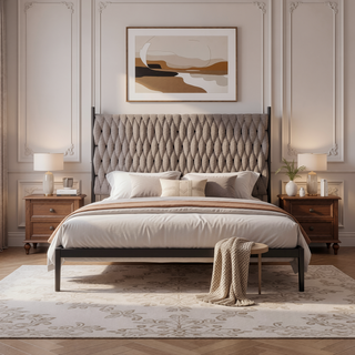 Sunvega Braided Matisse Queen Size Headboard with Grey Fabric and Black Metal Frame
