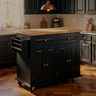 Sunvega Kitchen Island Cart on Wheels with Rubberwood Top Spice Rack and Drawers