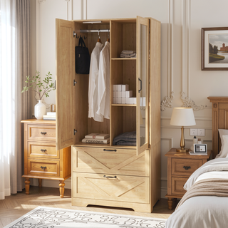 Sunvega Natural Wood Wardrobe for Bedroom with Mirror, 2 Doors, 2 Drawers, and Built-in Light