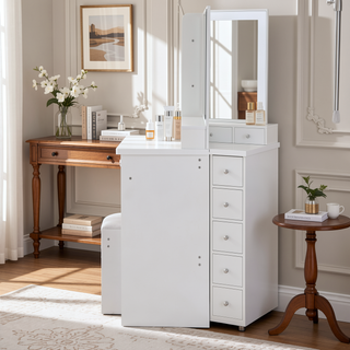 Sunvega 37 Inch Left Bedside Vanity Table with Cushioned Stool and Sliding LED Mirror