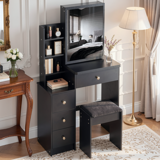 Sunvega Small Size Left Bedside Vanity Table with Cushioned Stool and Touch LED Mirror
