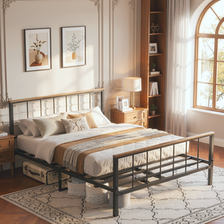 Sunvega Metal Platform Bed Frame with Wood Headboard and Sturdy Support No Box Spring