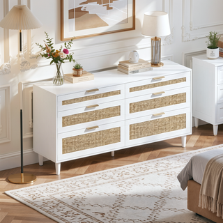 Sunvega 6 Drawer Rattan Dresser with Metal Handle and Wood Legs for Bedroom Storage