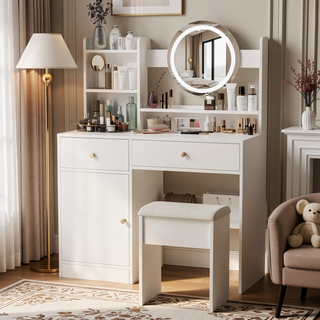 Sunvega White Makeup Vanity Desk with Mirror Lights Adjustable Brightness and Chair