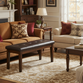 Sunvega Light Rustic Brown Finish Wooden Bench with Button-Tufted Polyester Seat