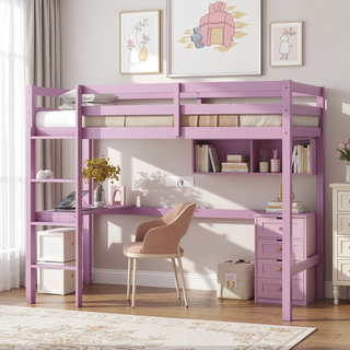 Sunvega Pink Rubber Wood Twin High Loft Bed with Safety Guardrail and Built-in Desk