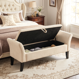 Sunvega Beige Velvet Upholstered Storage Bench with Tufted Design for Bedroom