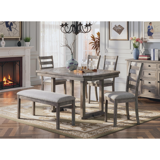 Sunvega Gray Fabric Upholstered Dining Bench with Wire-Brushed Finish