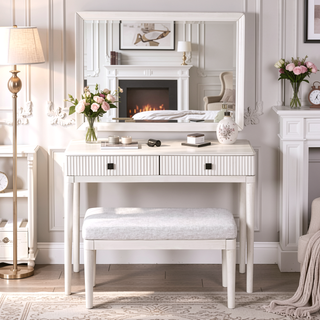 Sunvega Modern Vanity Desk with Mirror and Stool, White Makeup Table with Two Large Drawers