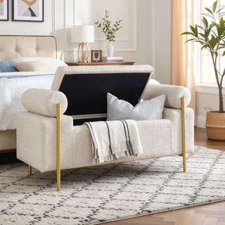 Sunvega Elegant Upholstered Linen Storage Bench with Cylindrical Arms and Iron Legs