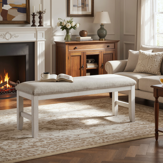 Sunvega Modern Farmhouse Dining Bench with Antique White Finish and Upholstered Seat