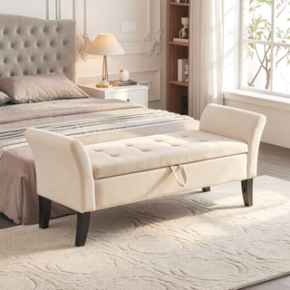 Sunvega Beige Velvet Upholstered Storage Bench with Tufted Design for Bedroom