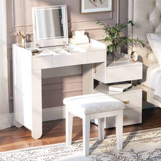 Sunvega 3-in-1 Makeup Vanity Desk with Flip-Top Mirror LED Lighting and Ample Drawers