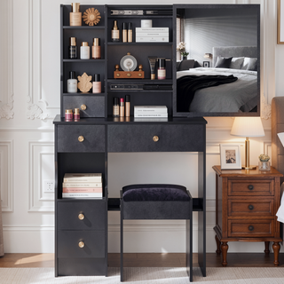 Sunvega Small Size Left Drawer Vanity Table with Adjustable LED Mirror and Stool