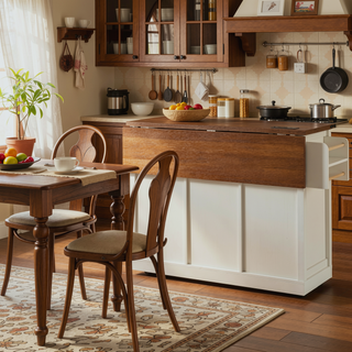 Sunvega Farmhouse Kitchen Island with Power Outlet Sliding Barn Doors and Drop Leaf