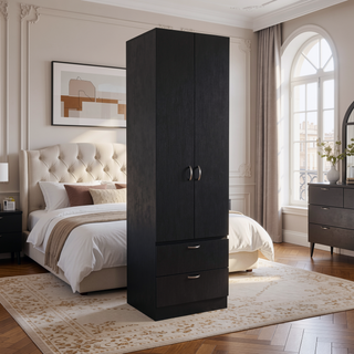 Sunvega Modern Black Wardrobe with Hanging Rod, Two Drawers, and One Shelf
