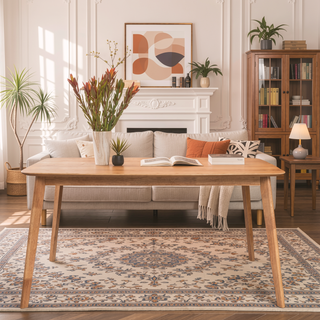 Sunvega Mid-Century Modern Dining Table with Rubberwood Legs and Faux Wood Top