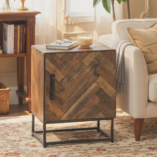 Sunvega Handcrafted Recycled Wood Boho Nightstand with Iron Frame and Storage