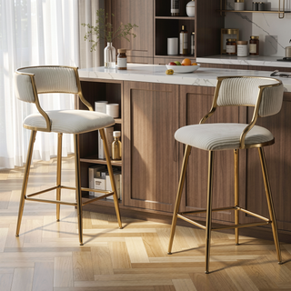 Sunvega Set of 2 Grey Corduroy Bar Stools with Back Golden Chromed Base and Footrest