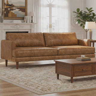 Sunvega Mid-Century Modern 90-inch Genuine Leather Sofa with Feather Cushions
