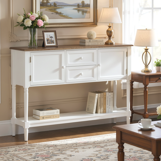 Sunvega Retro Console Table with Drawers Cabinets and Bottom Shelf for Living Room
