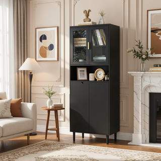 Sunvega Tall Storage Bookcase with 4 Adjustable Shelves and Tempered Glass Doors