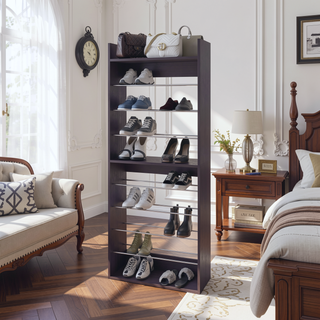 Sunvega Tall Open Shoe Rack with Metal Rails and Multi-Tier Shelves in Wengue