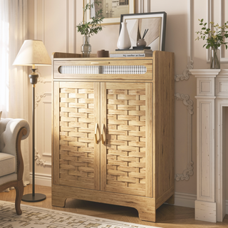 Sunvega Mid-Century Wood Storage Cabinet with 3 Woven Doors and Adjustable Shelf