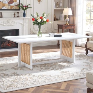 Sunvega Chinese Style White Solid Wood and Imitation Rattan Rectangular Coffee Table