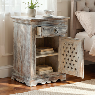 Sunvega Handcrafted Mango Wood Nightstand with Washed Finish Drawer and Cabinet