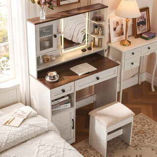 Sunvega Farmhouse Makeup Vanity Desk with Mirror Lights and Charging Station
