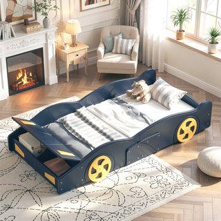 Sunvega Twin Size Race Car Bed with Wheels Storage and Sturdy Wood Construction