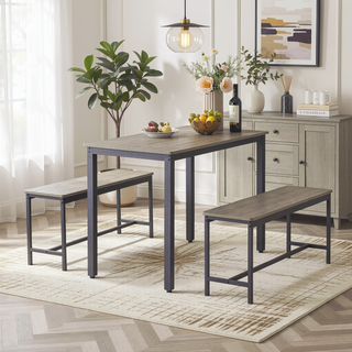 Sunvega Industrial Natural and White Dining Table Set with 2 Benches for Kitchen