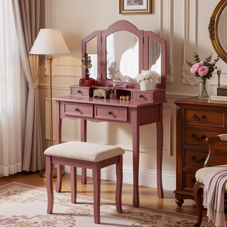 Sunvega Rose Gold Vanity Makeup Table Set with Mirror and Upholstered Bench