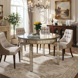 Sunvega Round Glass Dining Table with Gold Geometric Design and Mirror Top