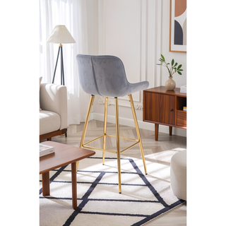 Sunvega Set of 2 Velvet Fabric Bar Stools with Chrome Footrest and Golden Legs