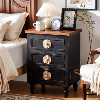Sunvega Vintage Farmhouse End Table with Floral Knobs and Gourd Legs