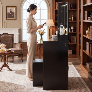 Sunvega 41 Inch Large Size Left Bedside Cabinet Vanity Table with Cushioned Stool